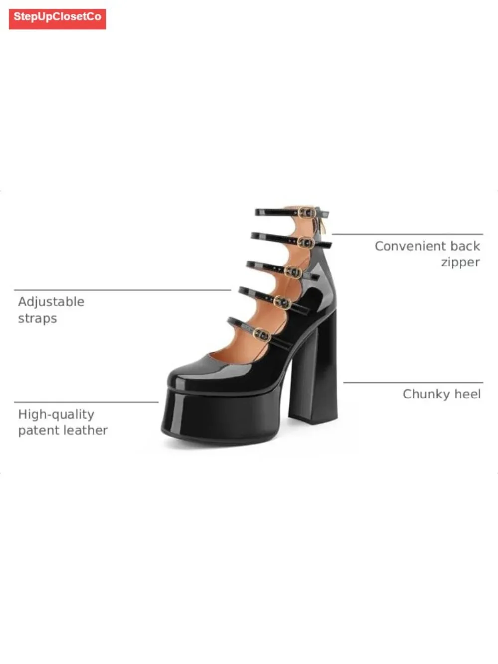 Patent Leather Platform Mary Jane Heels Chunky Block Heel Adjustable Strap